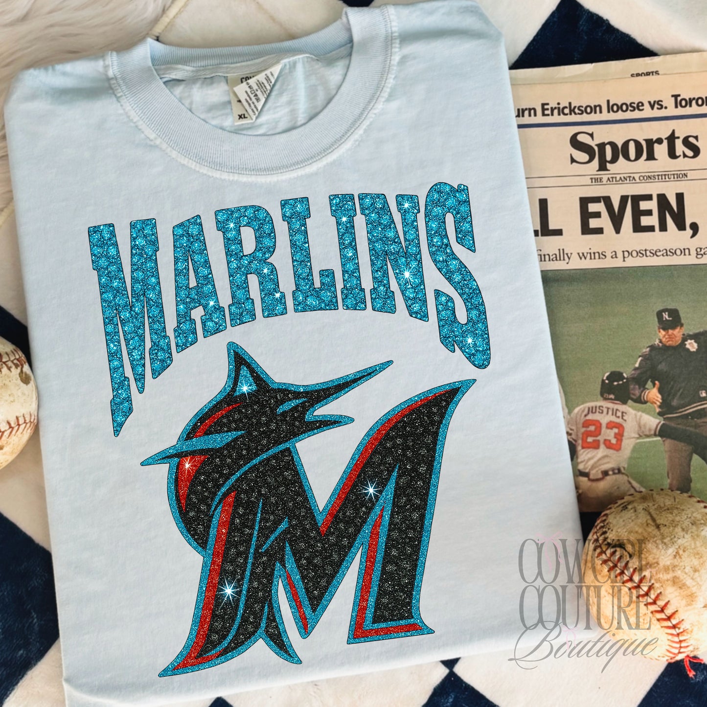 Faux Rhinestone Marlins light blue comfort colors tee