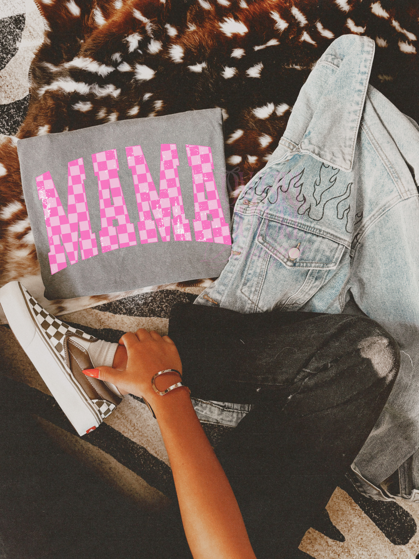 Pink checkered Mama gray comfort colors tee