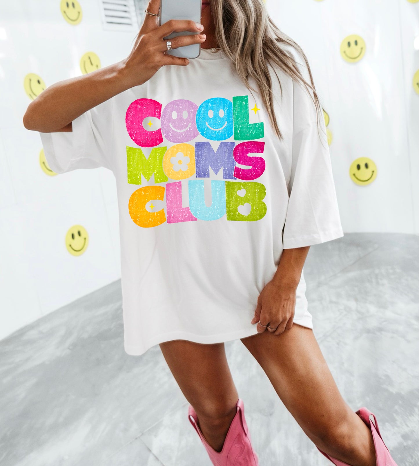 Smiley Cool Moms Club White comfort colors tee