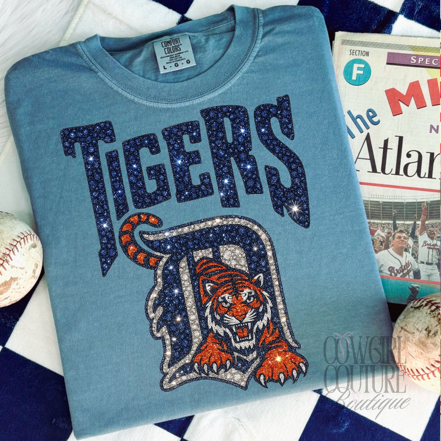 Faux Rhinestone Tigers ice blue comfort colors tee