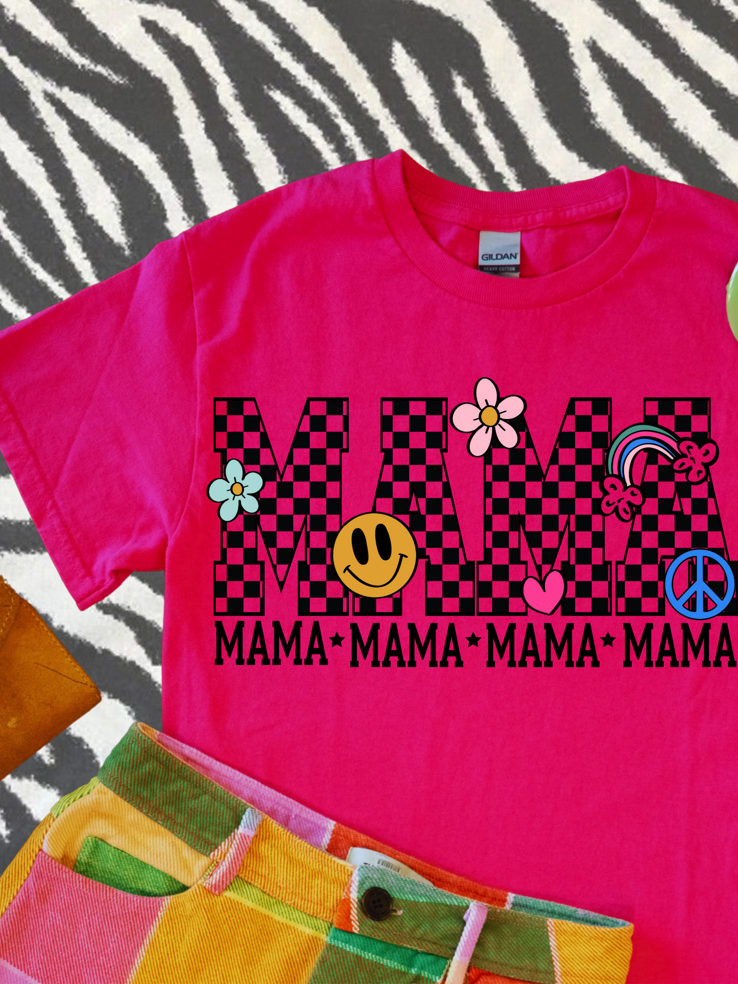 Mama checkered retro spring doodles heliconia gildan tee
