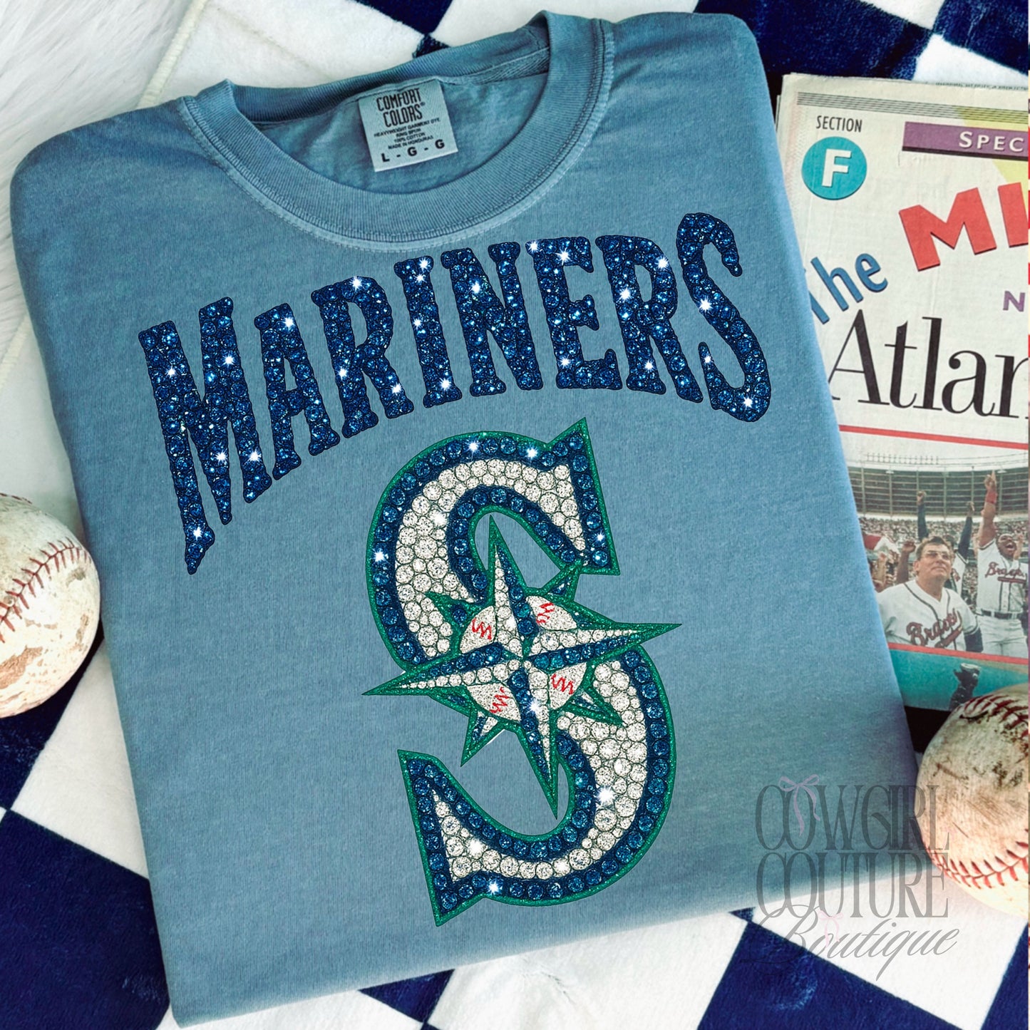Faux Rhinestone Mariners ice blue comfort colors tee