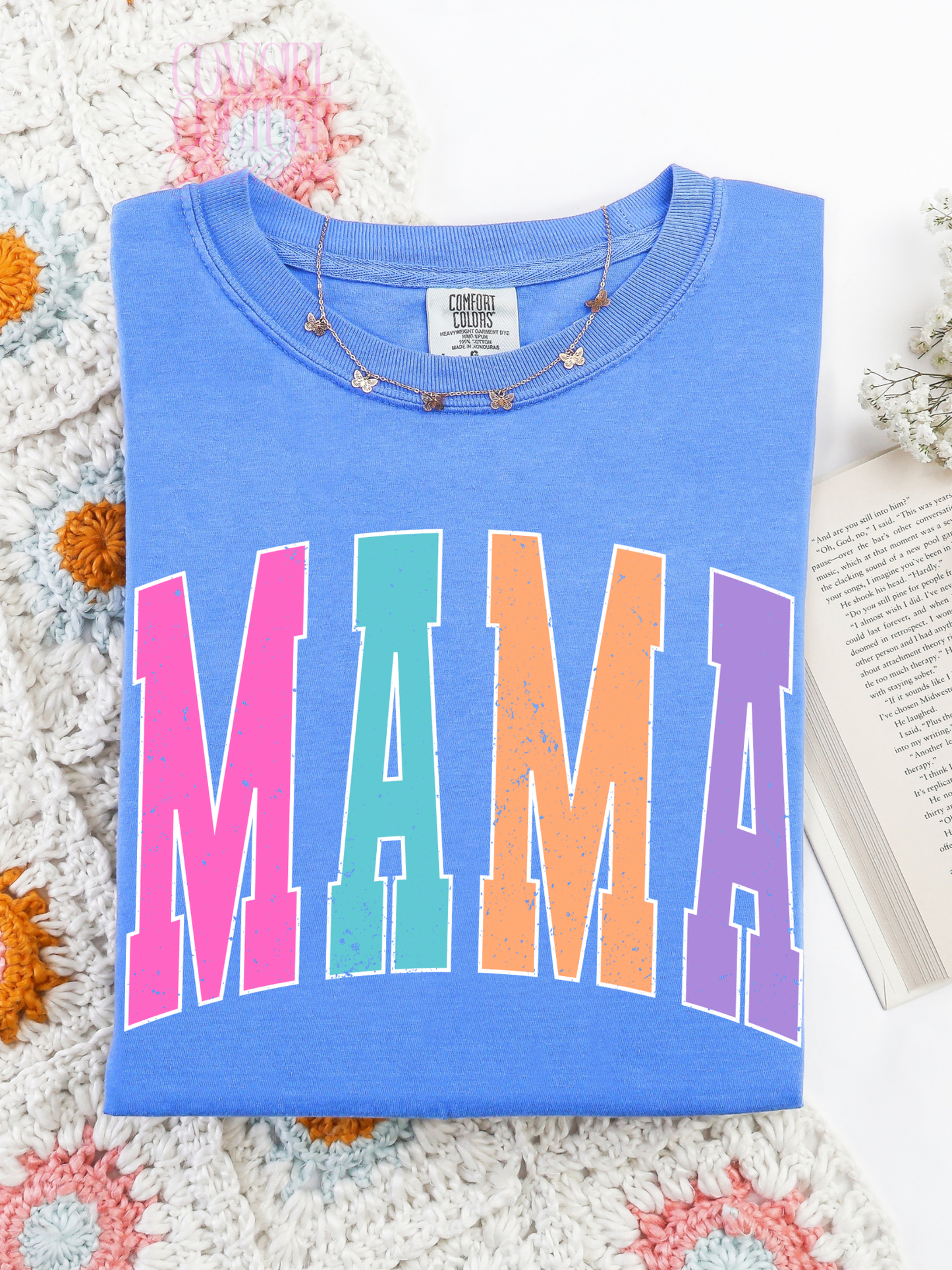 Colorblock varsity Mama flo blue comfort colors tee
