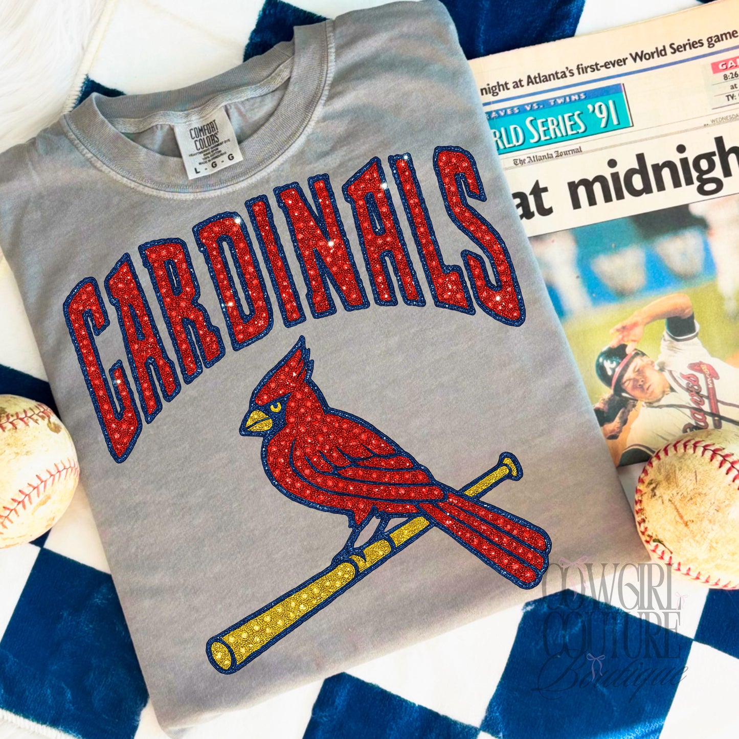 Faux Rhinestone Cardinals gray comfort colors tee