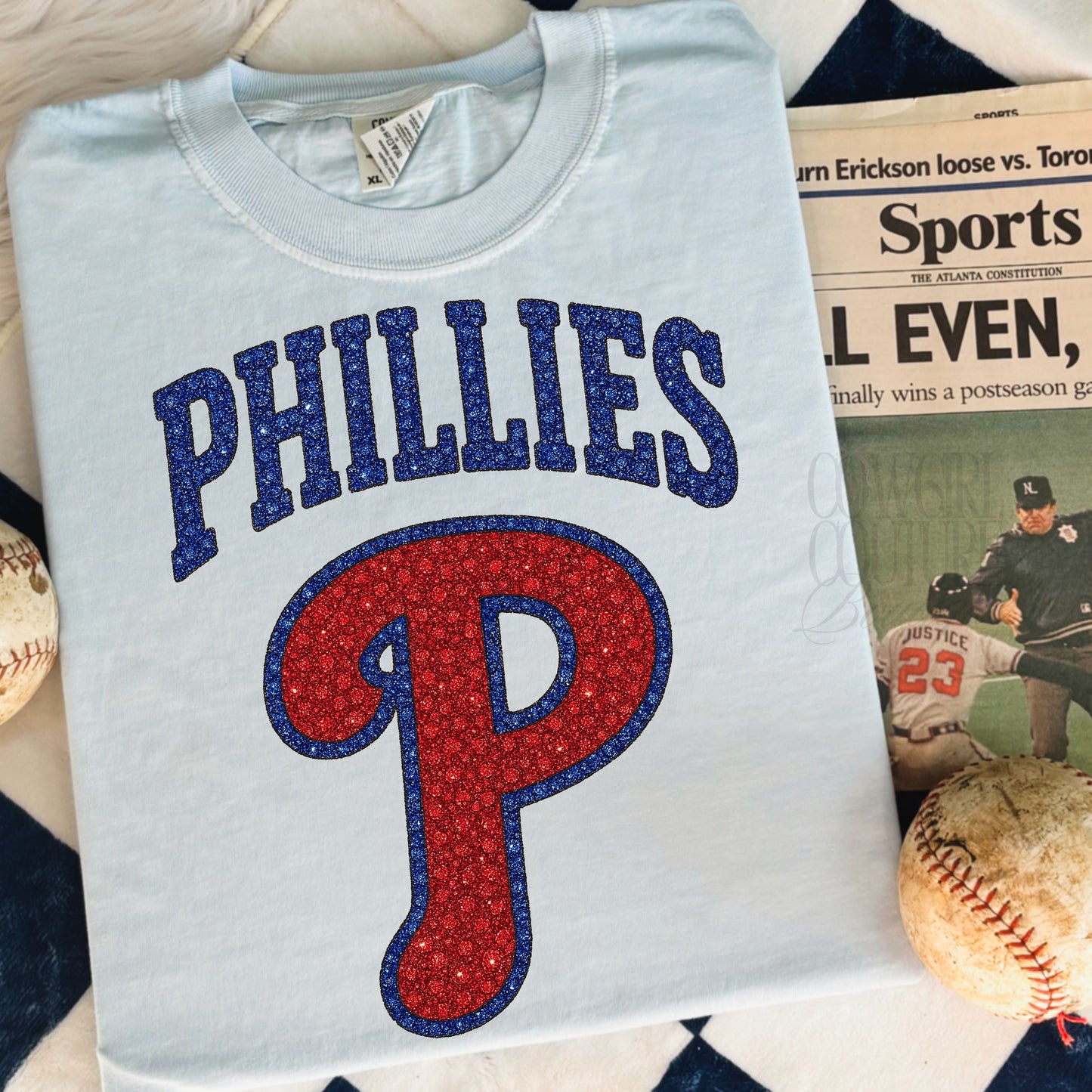 Faux Rhinestone Phillies light blue comfort colors tee