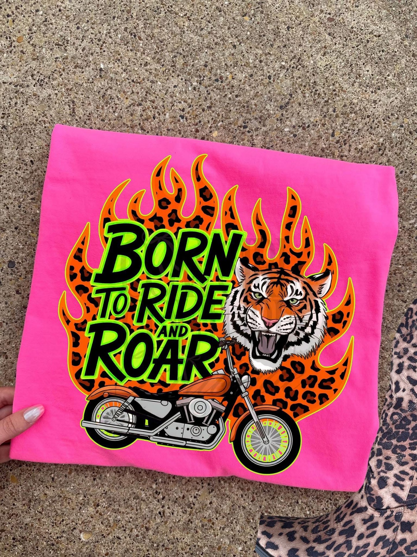 Born to ride and roar neon pink comfort colors tee