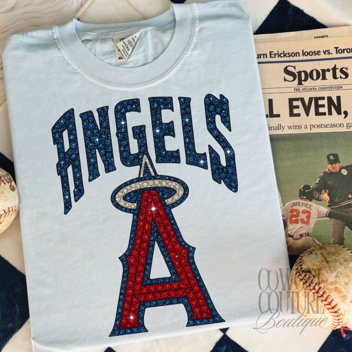 Faux Rhinestone Angels light blue comfort colors tee