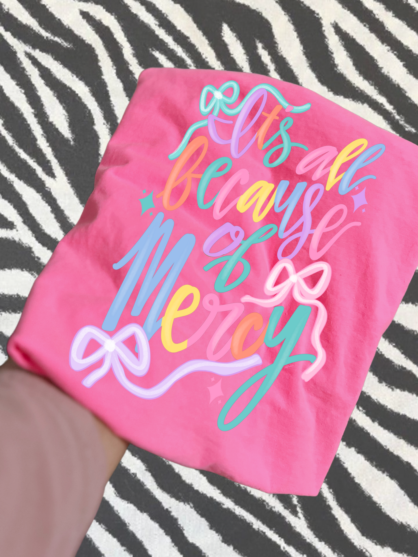 it’s all because of mercy neon pink comfort colors tee