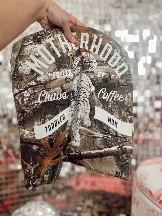 chaos and coffee camo tee