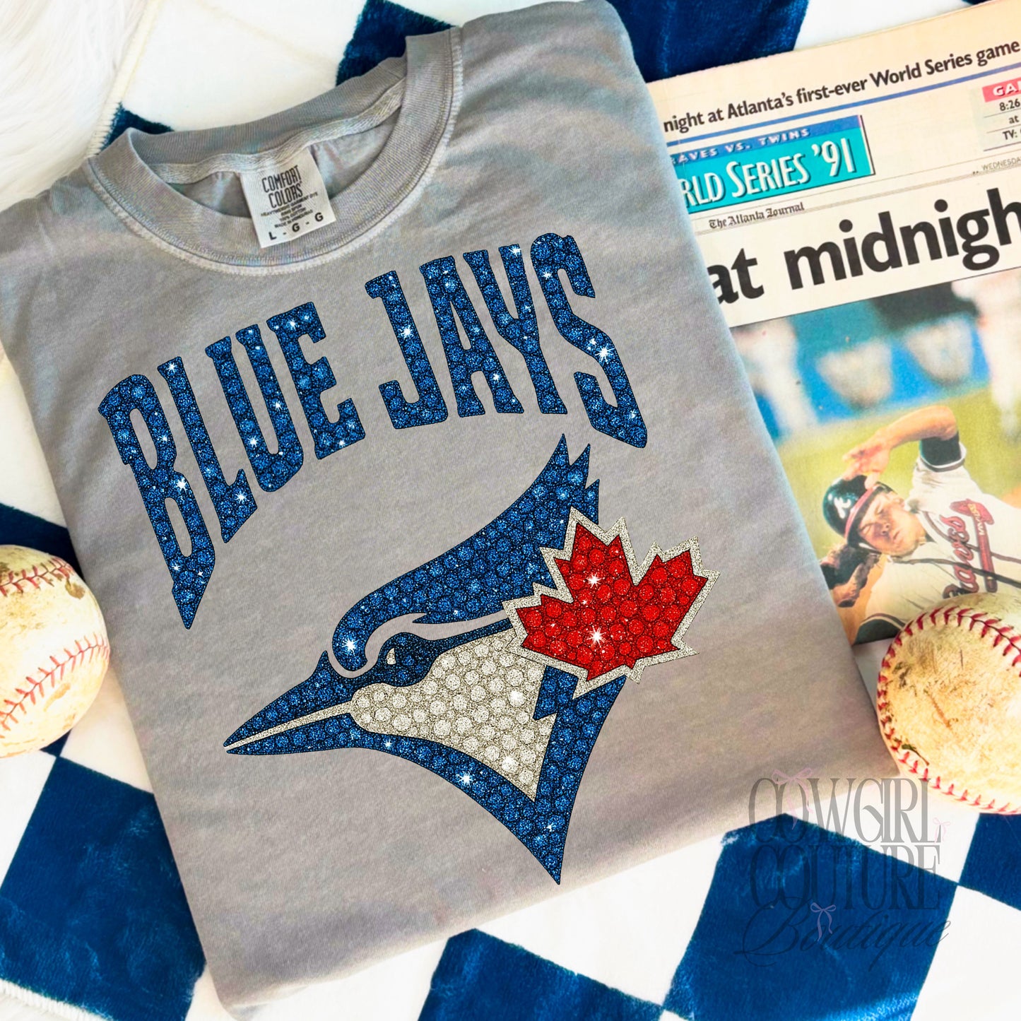 Faux Rhinestone Blue Jays Gray comfort colors tee