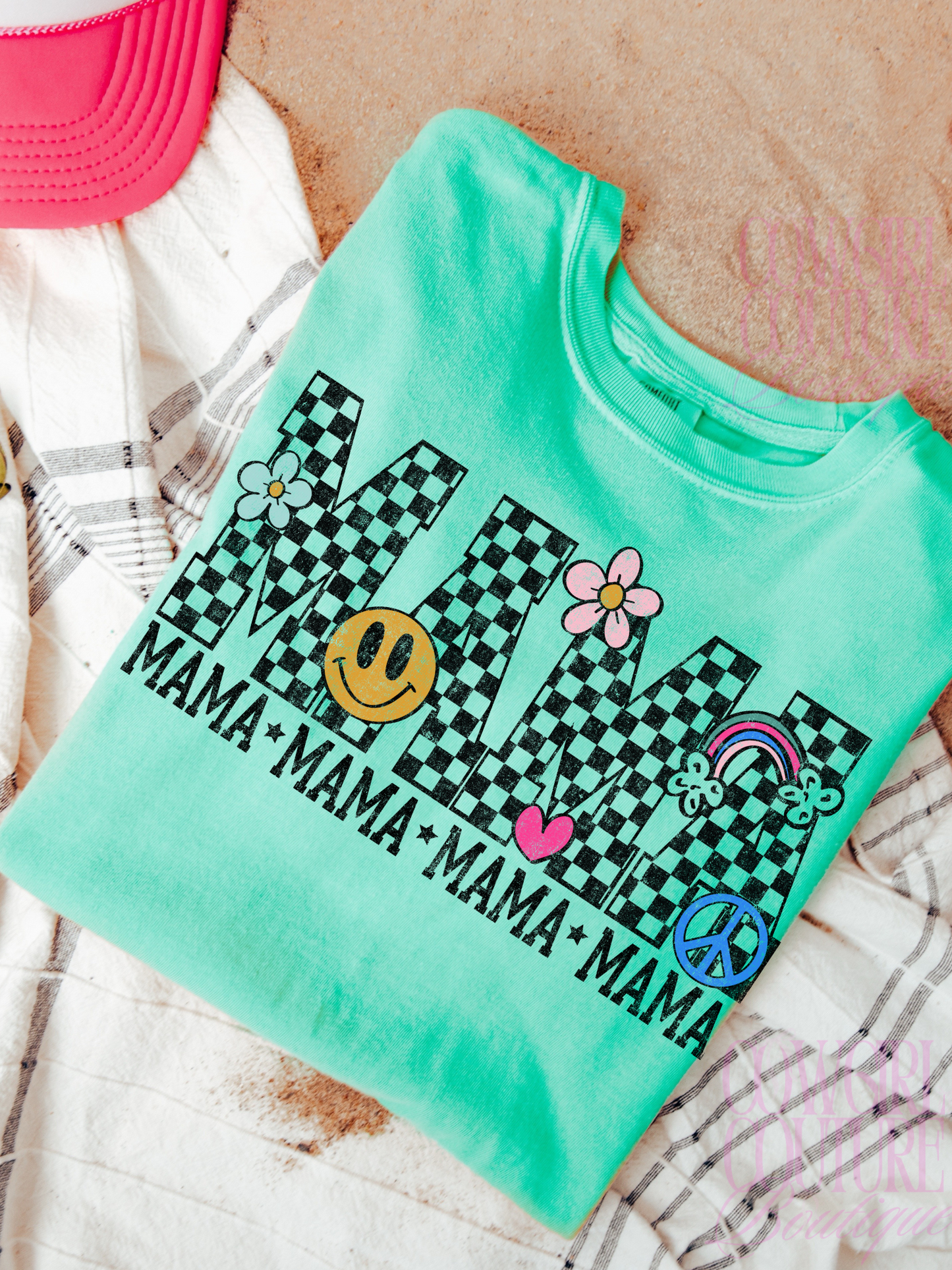 Mama checkered retro spring doodles island green comfort colors tee
