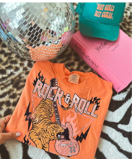 Rock and roll tiger melon comfort colors tee