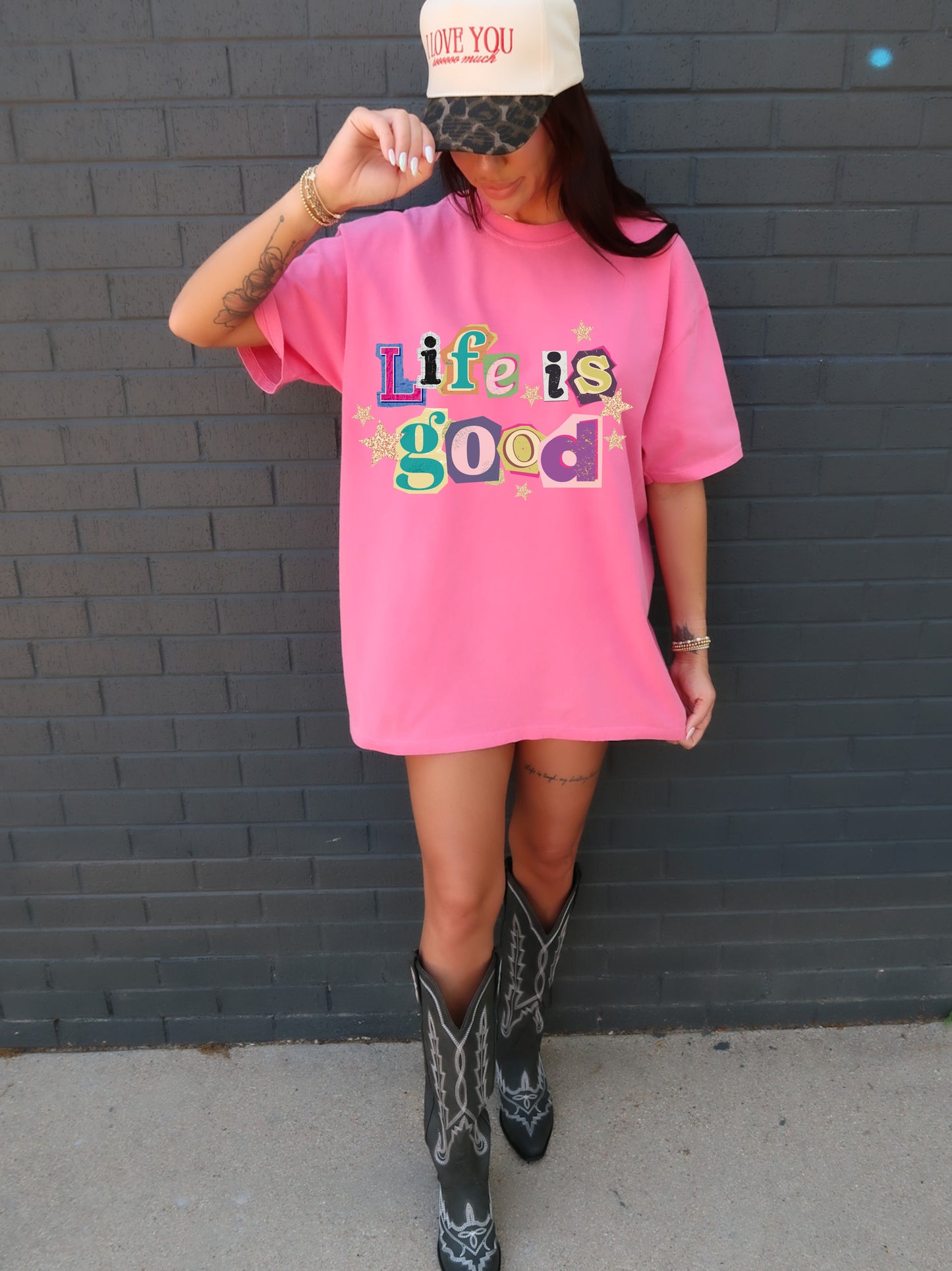 scrapbook letters life is good neon pink comfort colors tee
