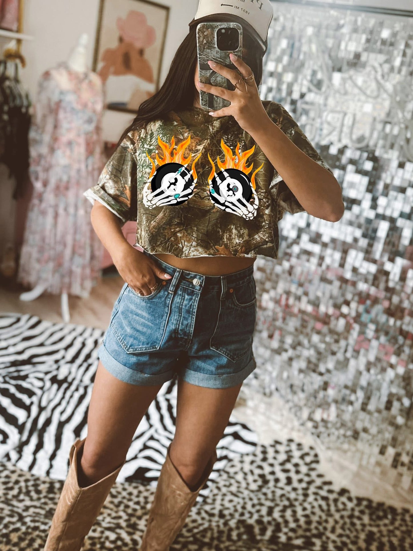 NOT CROPPED (if you want cropped please email for upcharge) Skelly hands camo tee