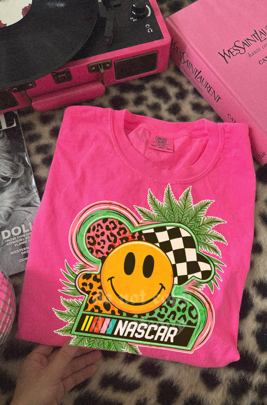Retro smiley racing neon pink comfort colors tee