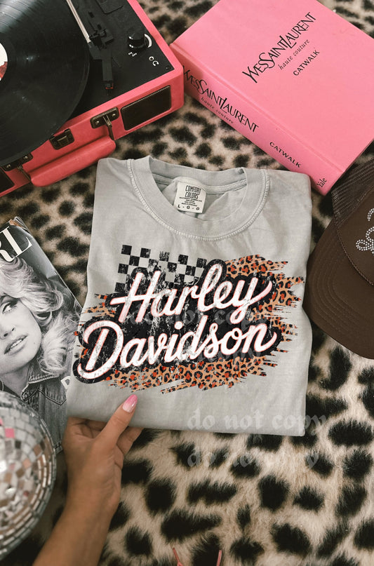 Retro leopard and checkered Harley granite comfort colors tee