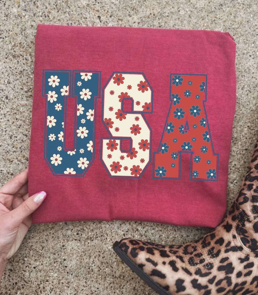 Floral Usa crimson comfort colors tee