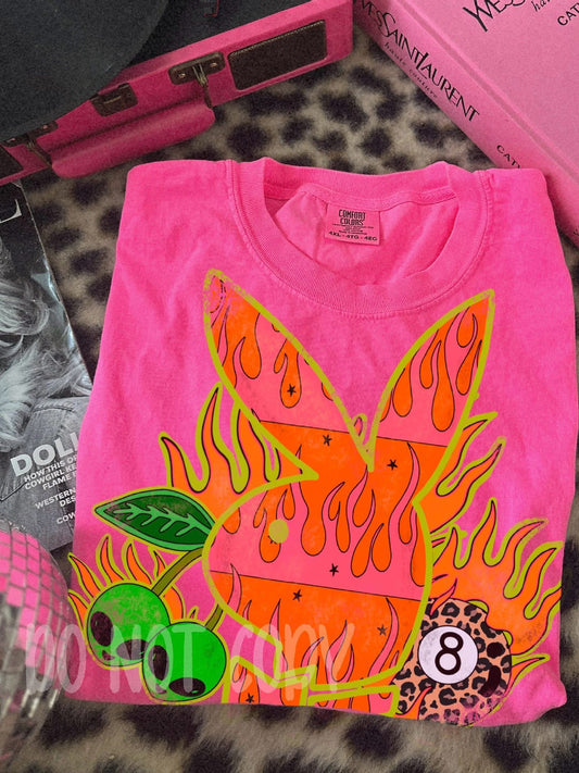 Retro Flame Bunny neon pink comfort colors tee